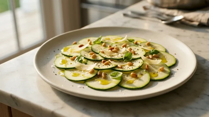 Valkoisella vadilla tarjoiltu kesäkurpitsacarpaccio koristeltuna pinjansiemenillä ja parmesan-lastuilla.