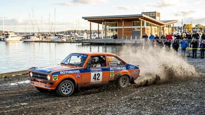 Kilpa-autoja Lahti Historic Rallyn varikolla.