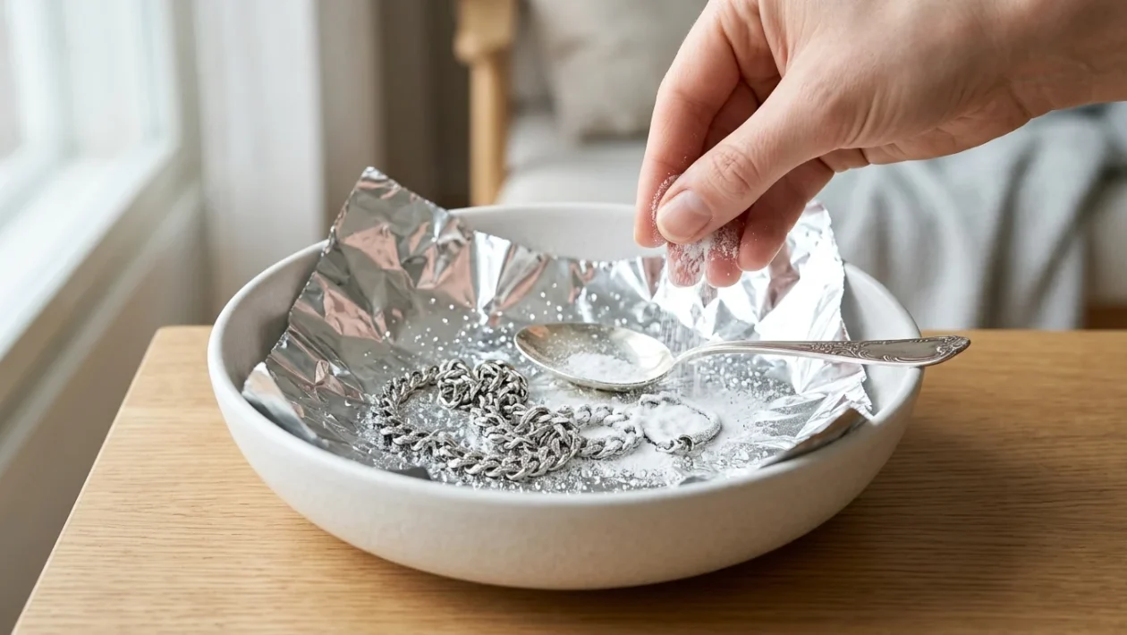 Hopeakorujen puhdistus alumiinifolion, ruokasoodan ja kuuman veden avulla