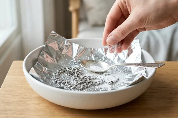 Hopeakorujen puhdistus alumiinifolion, ruokasoodan ja kuuman veden avulla
