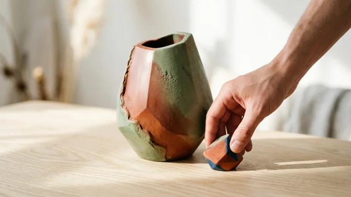 Erilaisia alky- ja kartonkitekniikalla valmistettuja koriste-esineitä pöydällä.