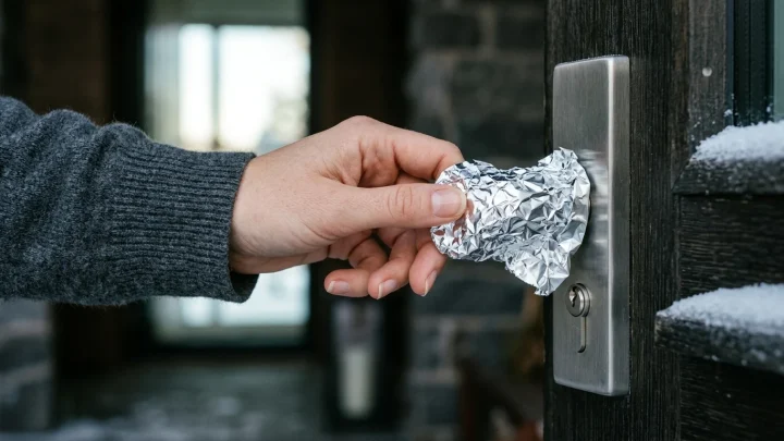 Oven lukko ja alumiinifolio sääolosuhteilta suojautumiseen.