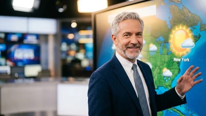 Meteorologi Pekka Pouta sääkartan edessä.