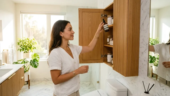 Beautiful Fluted Over-the-Toilet Storage Cabinet kylpyhuoneessa