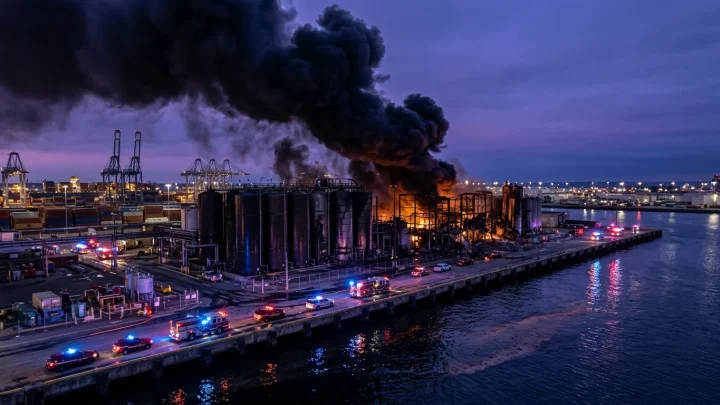 Pelastusajoneuvoja Rotterdamin satama-alueella räjähdyksen jälkeen.