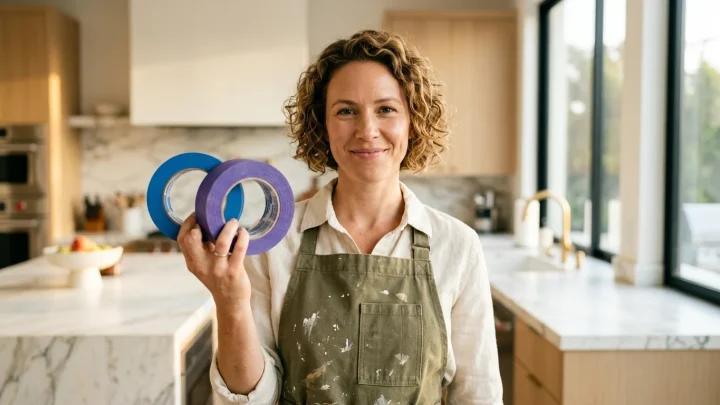 Sininen ja violetti rulla maalarinteippiä aseteltuna vierekkäin.