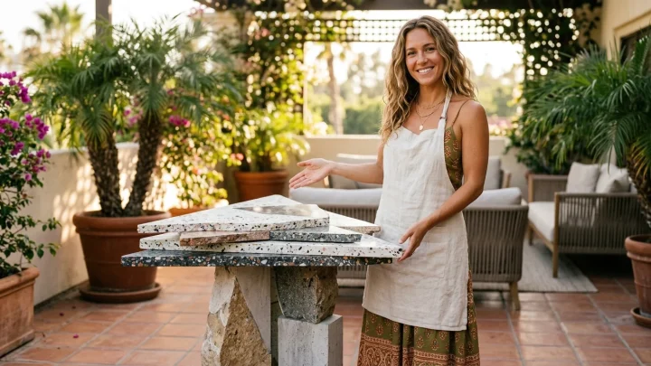 Terrazzo-tyylinen sohvapöytä ulkotilassa.