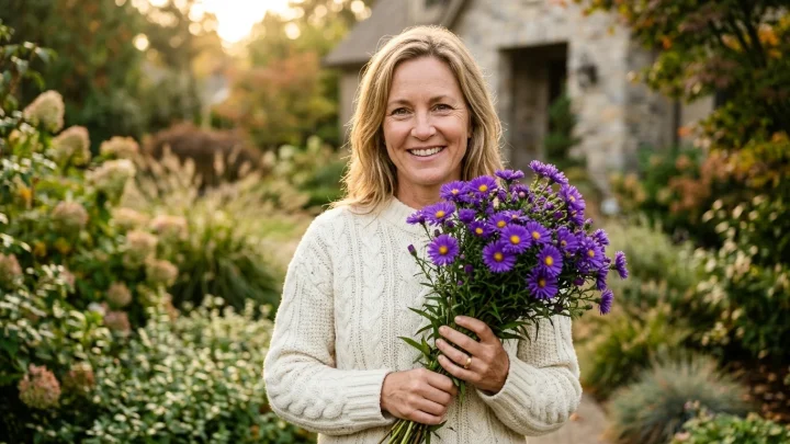 Aromatic Aster, a colorful perennial with blue-purple daisy-like flowers and golden-yellow centers.