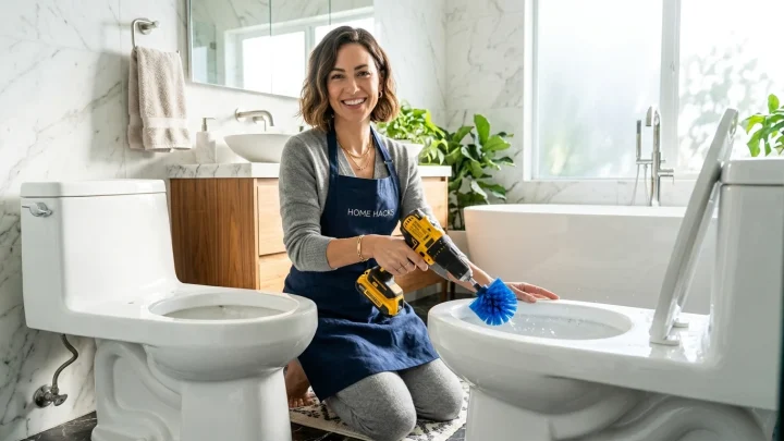 Porakoneella varustettu harjaspää puhdistamassa wc-istuinta.