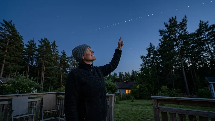 Starlink-satelliittien muodostama valojuova pimeällä yötaivaalla