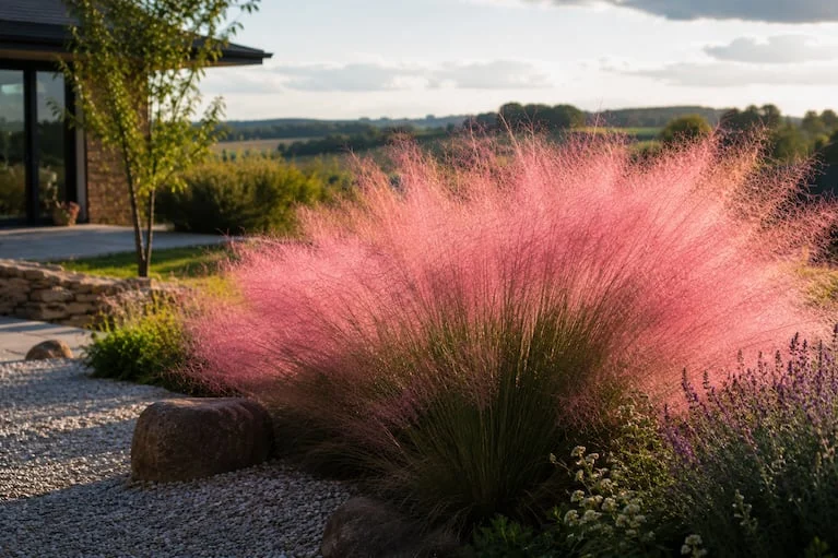 La planta rosa, llamada comunmente pasto rosado, embellece los jardines con su exótica belleza. (Foto: ChatGPT)