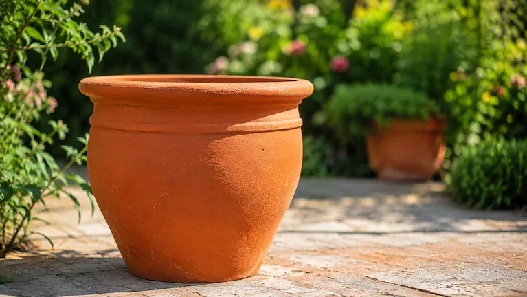 Las macetas de terracota vuelven a ganar protagonismo en los jardines. (Imagen ilustrativa generada con IA).