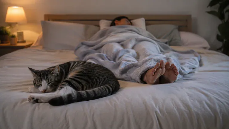 Los gatos suelen acostarse a los pies de la cama porque se sienten protegidos pero no atrapados. (Imagen ilustrativa generada con IA)