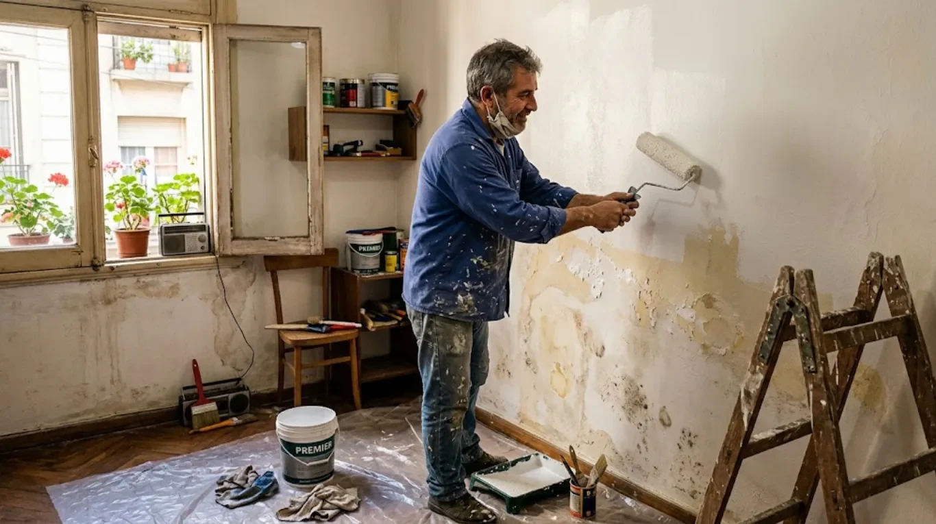 Los pintores coinciden: “La solución para las humedades no está en la pintura antimoho, mejor usá una antimanchas con disolvente”. (Imagen ilustrativa IA Gemini)