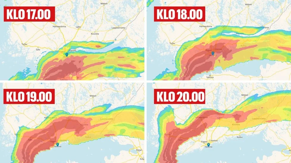 Sadetutkakuva, joka näyttää rankkasateiden etenemisen Suomen yllä.