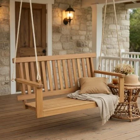 Topcobe 2-Seat Acacia Wood Porch Swing Bench With 2 Hanging Hemp Ropes, Outdoor Patio Furniture for Garden Backyard Pool Deck