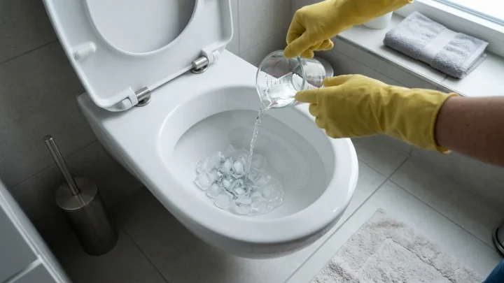 WC-pöntön puhdistaminen jääpaloilla ja etikalla
