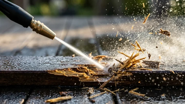 Painepesuri ja terassipesurilisäosa puuterassin puhdistuksessa