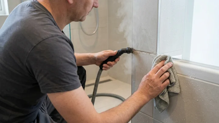 Höyrypesurin pistesuihkusuutin puhdistamassa kylpyhuoneen laattasaumaa tarkasti