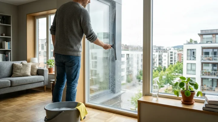 Ikkunanpesu etikka ja tiskiaine vedellä ja kuivaimella lasipinnalla