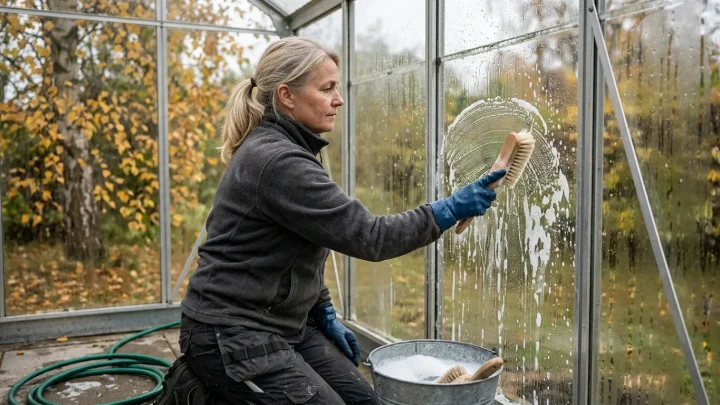 Kasvihuoneen lasipintojen ja alumiiniprofiilien puhdistus harjalla ja mäntysuopaliuoksella