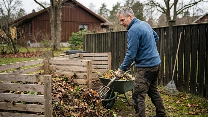 Omakotitalon puutarhajätteen kompostori ja lehtikomposti syksyisellä pihalla