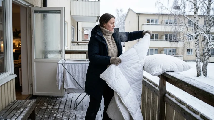 Paksut talvitäkit ja tyynyt tuulettumassa puisella parvekkeella pakkassäässä lumen keskellä
