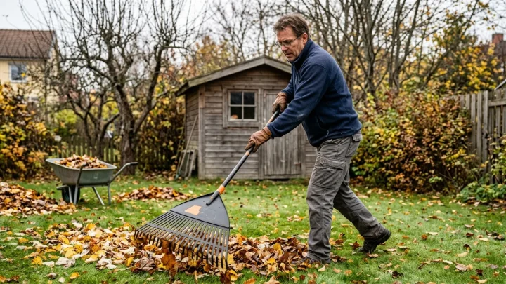 Fiskars Solid XL -lehtiharava nojaamassa puutarhan nurmikolla syksyn lehtien keskellä