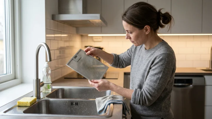 Liesituulettimen rasvasuodatin irrotettuna tiskialtaan vieressä puhdistusta varten
