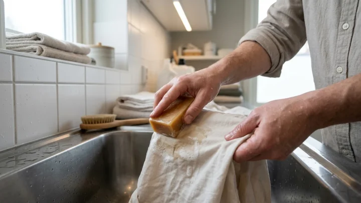Perinteinen mäntysuopa palasaippua ja luonnonharja puupinnalla