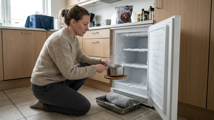 Pakastimen sulatus ja puhdistus kattilakikan avulla keittiössä