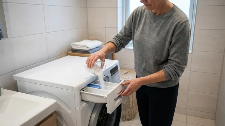 Pyykinpesukoneen pesuainelokero ja valkoista sitruunahappojauhetta annostelua varten