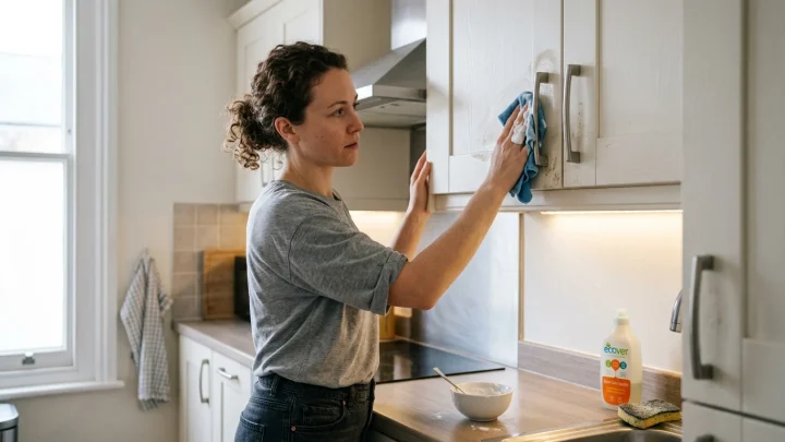Keittiön kaapin oven puhdistus rasvasta luonnollisin menetelmin