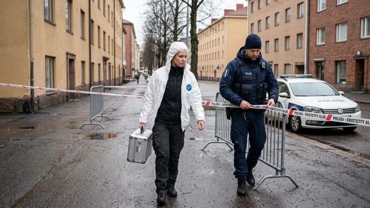 Poliisiauto ja eristysnauhaa rikospaikalla Suomessa