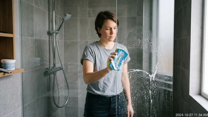 Suihkun lasiseinän puhdistus puhdistuskivellä ja vaahdotetulla sienellä