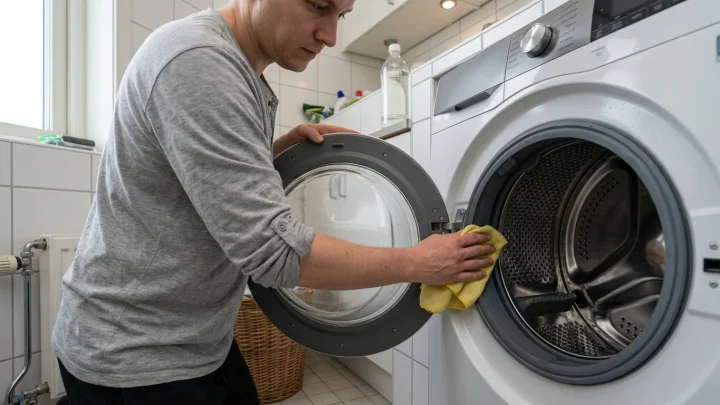 Väkiviinaetikkaa kaadetaan mittakuppiin pyykinpesukoneen puhdistusta varten