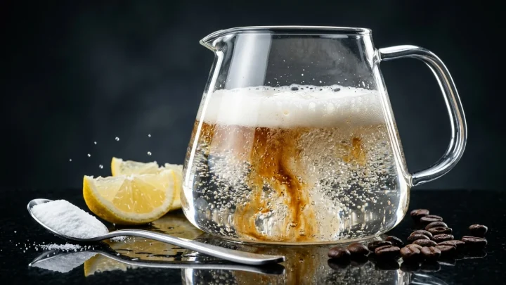 Kahvinkeitin ja puhdistusaineita keittiön työtasolla
