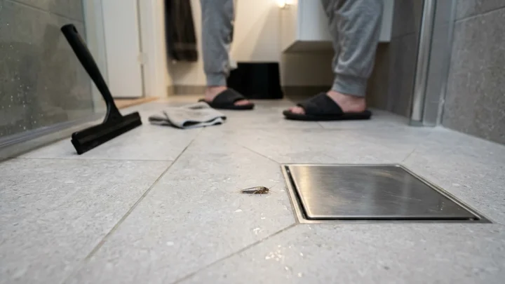 Sokeritoukka kylpyhuoneen laattalattialla viemärin lähellä