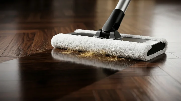 Swiffer-lattiamoppi ja pölyhuiska keräämässä lemmikin karvoja lattiapinnalta