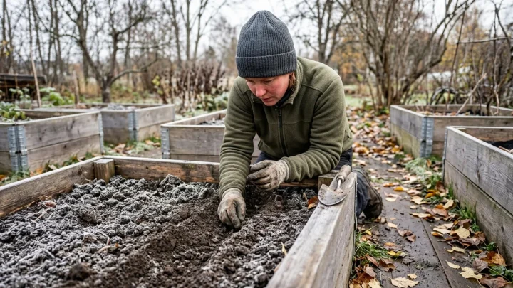 Syyskylvö kasvimaalla kuuraisessa maassa syksyllä