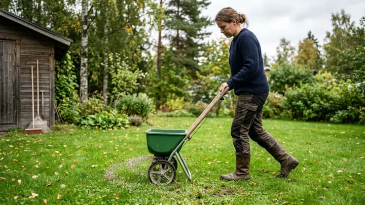 Syyslannoitteen levitys vihreälle kotipihan nurmikolle lannoitelevittimellä syksyllä