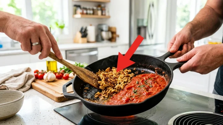 Höyryävä lautasellinen pastaa täyteläisessä tomaattikastikkeessa nyhtökauran ja tuoreen basilikan kera