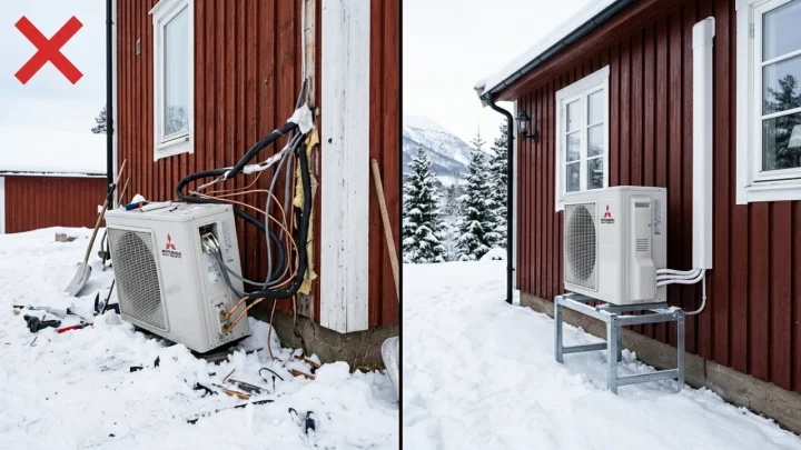 Omakotitalon ulkoseinään asennettu ilmalämpöpumpun ulkoyksikkö