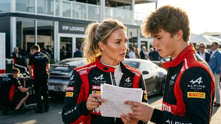 Janni Hussi kartanlukijana ralliautossa kypärä päässä