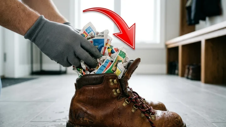 Sanomalehdillä täytetyt märät nahkakengät eteisen lattialla