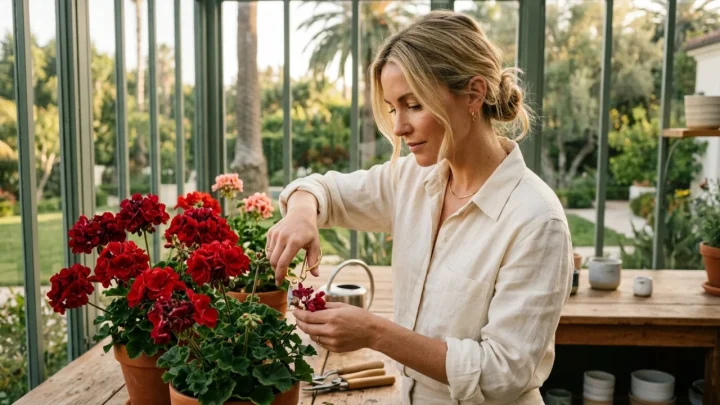 Pelargonin leikkaaminen puutarhasaksilla syksyllä ennen talvetusta