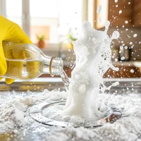 Ruokasoodaa ja etikkaa kaadetaan keittiön lavuaarin viemäriaukkoon
