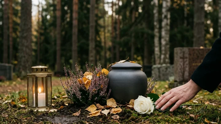 Muistokynttilä ja kukkalaite hautausmaalla havujen keskellä